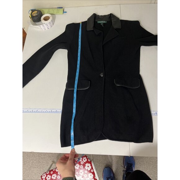 Lauren Ralph Lauren Black Sweater Blazer w/ Faux Leather Trim Womens Size XS - Picture 9 of 9